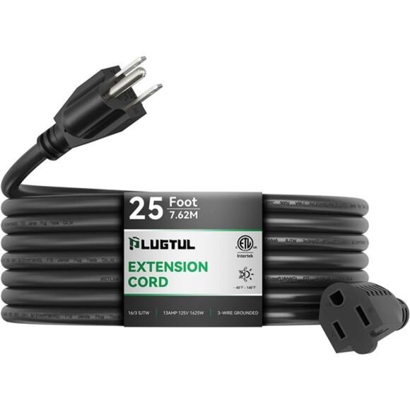 Outdoor Extension Cord 25 FT Waterproof, 16/3 Gauge Black Heavy Duty 3 Prong